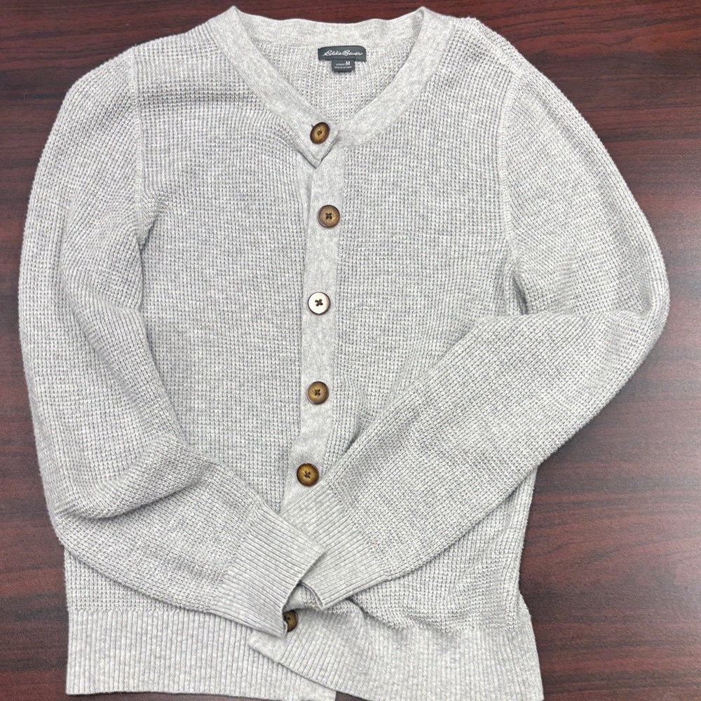 Eddie Bauer  Light Gray Waffle-Knit Button Cardigan Sweater